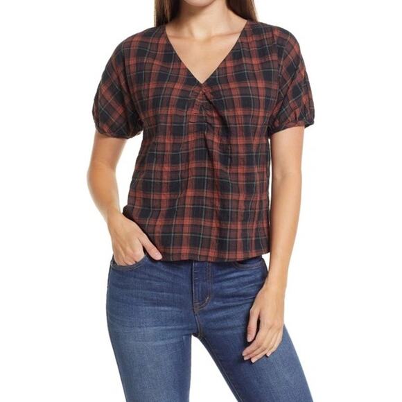 Madewell Plaid Gathered V-Neck Fuller Plaid Puff Sleeve Top Size XS - Picture 4 of 4